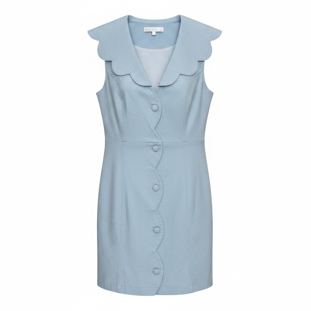 Karlie Blue Chambray Dress Medium Button Front Fitted Sleeveless Scallop Details